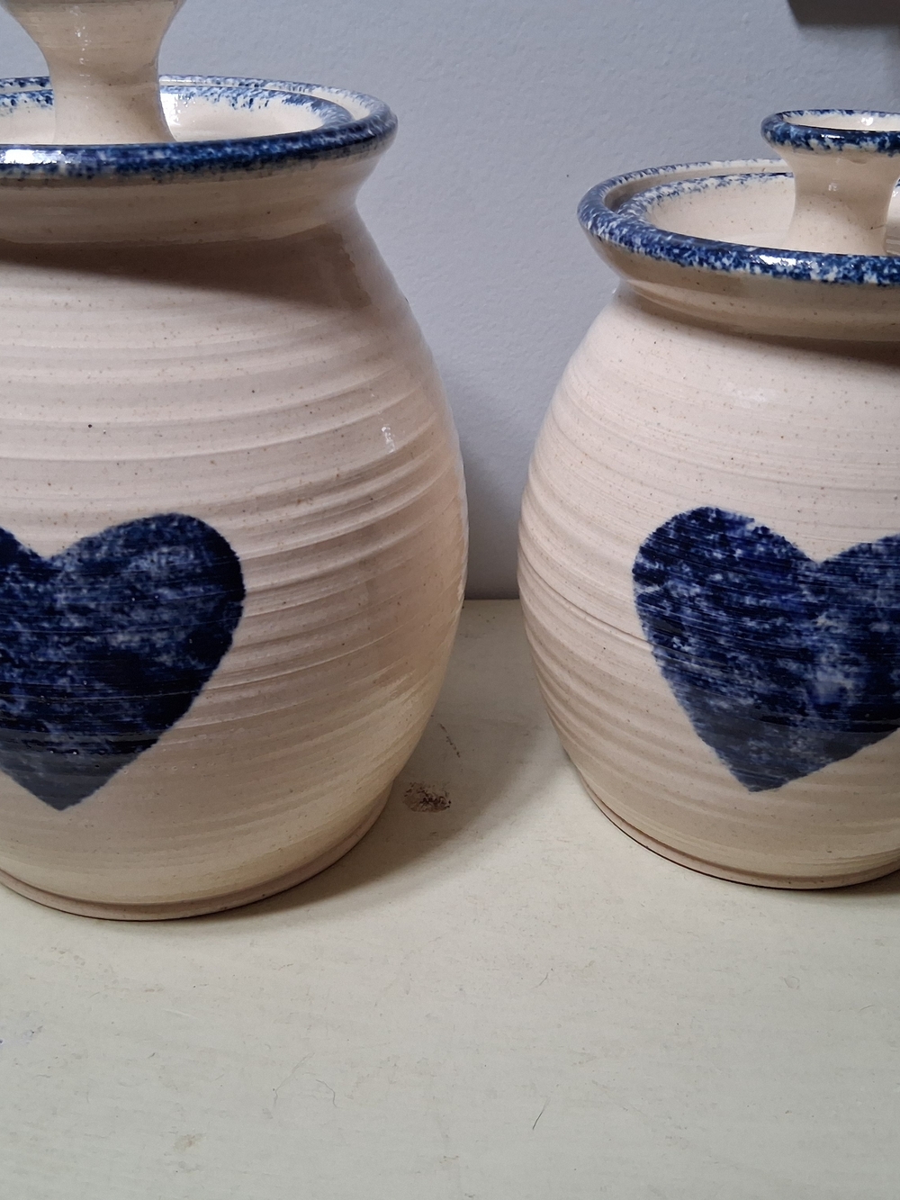 Cream Clay Canisters with Blue Heart Detail - Set of 2